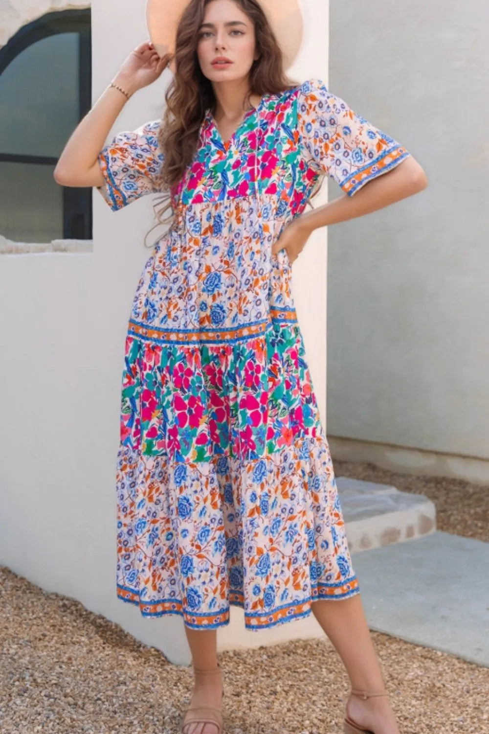 Charming Mixed Floral Print Tie Neck Short Sleeve Maxi Dress with Frill & Tiered Design