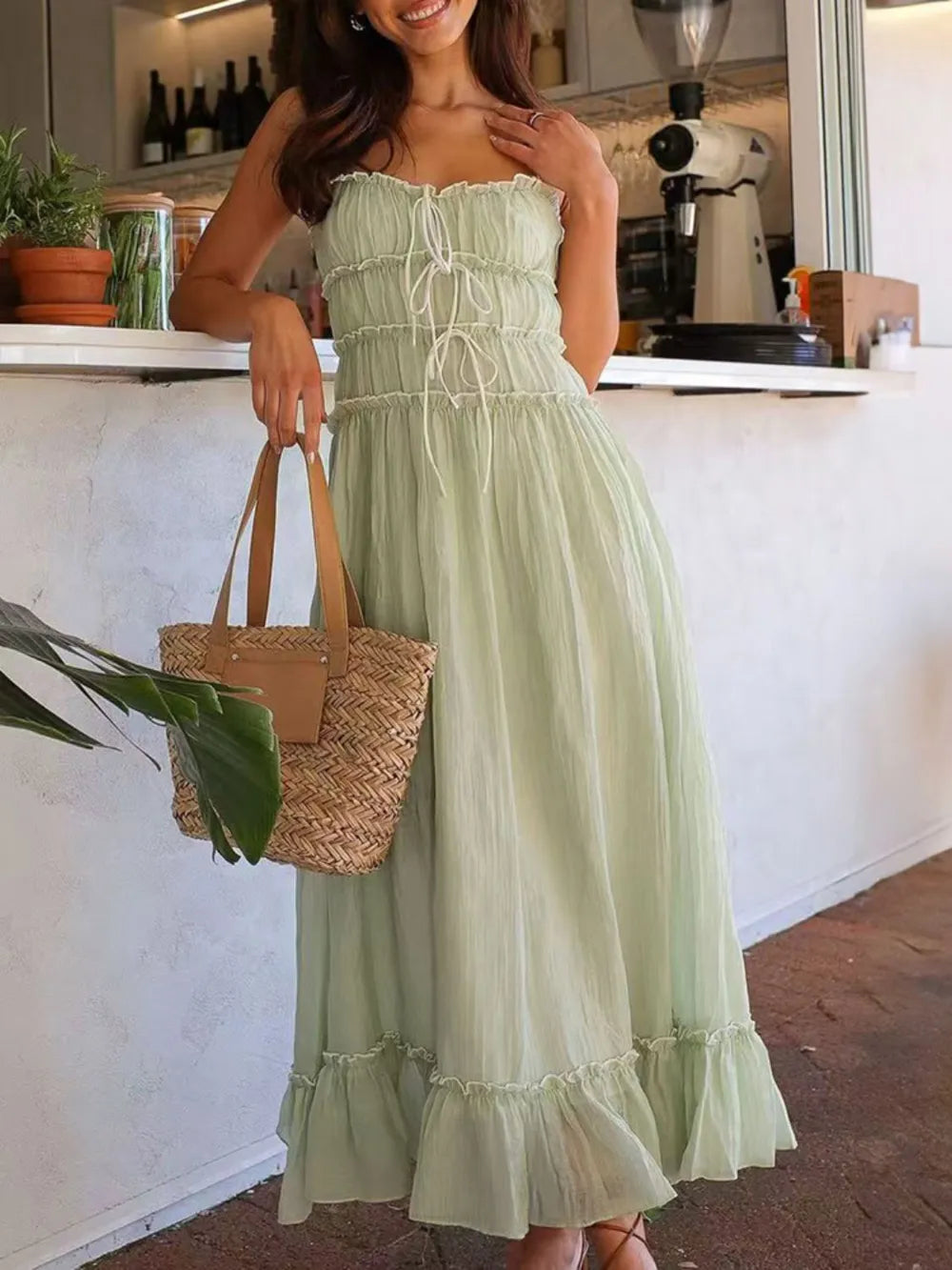 Devine Frill Ruffled Hem Midi Cami Dress Light Green