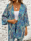 Printed Open Front Three-Quarter Sleeve Cover Up Teal One Size