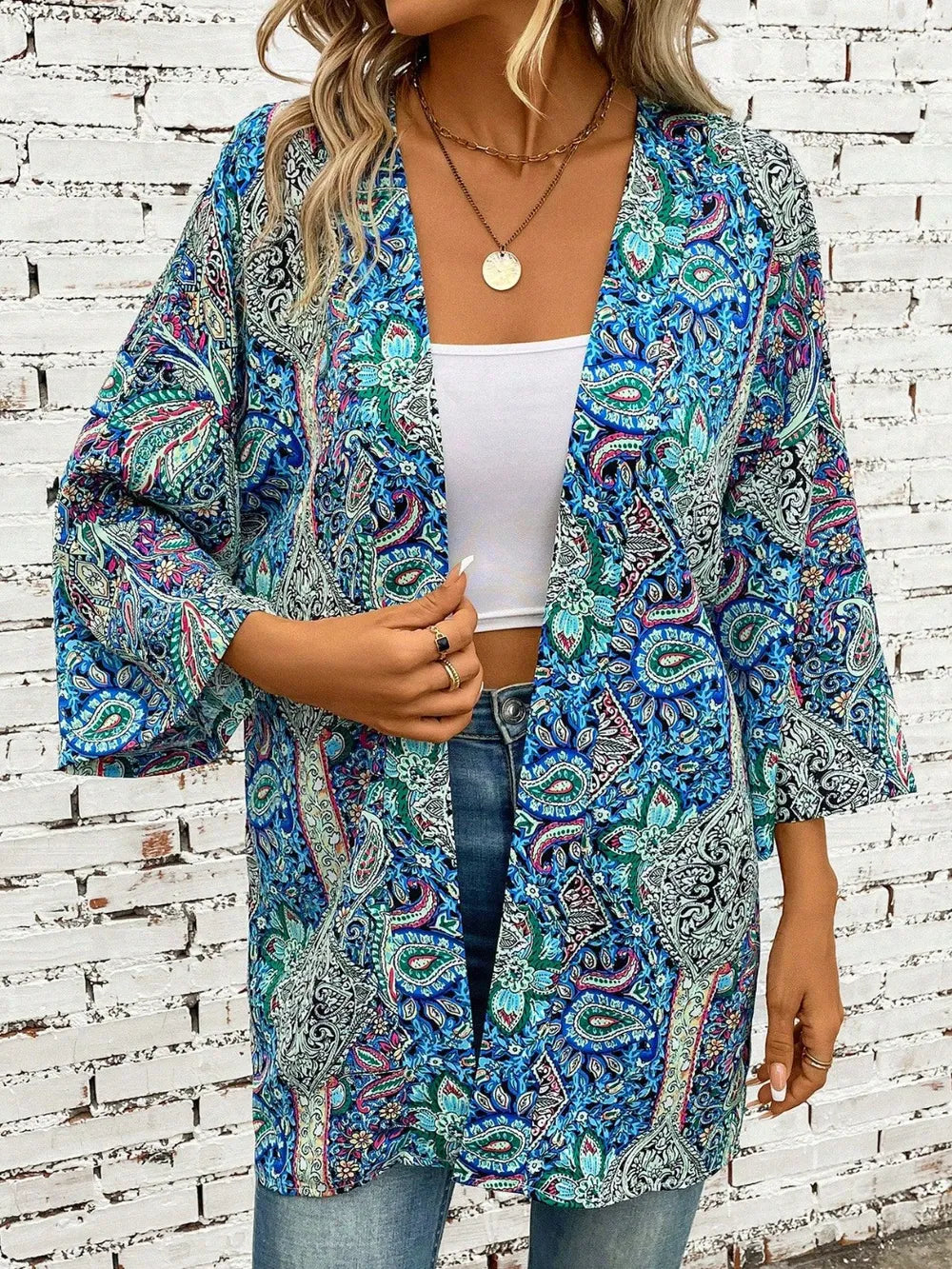 Sheer Polyester Printed Open Front Cover Up with Three-Quarter Sleeves - One Size