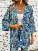 Printed Open Front Three-Quarter Sleeve Cover Up Teal One Size