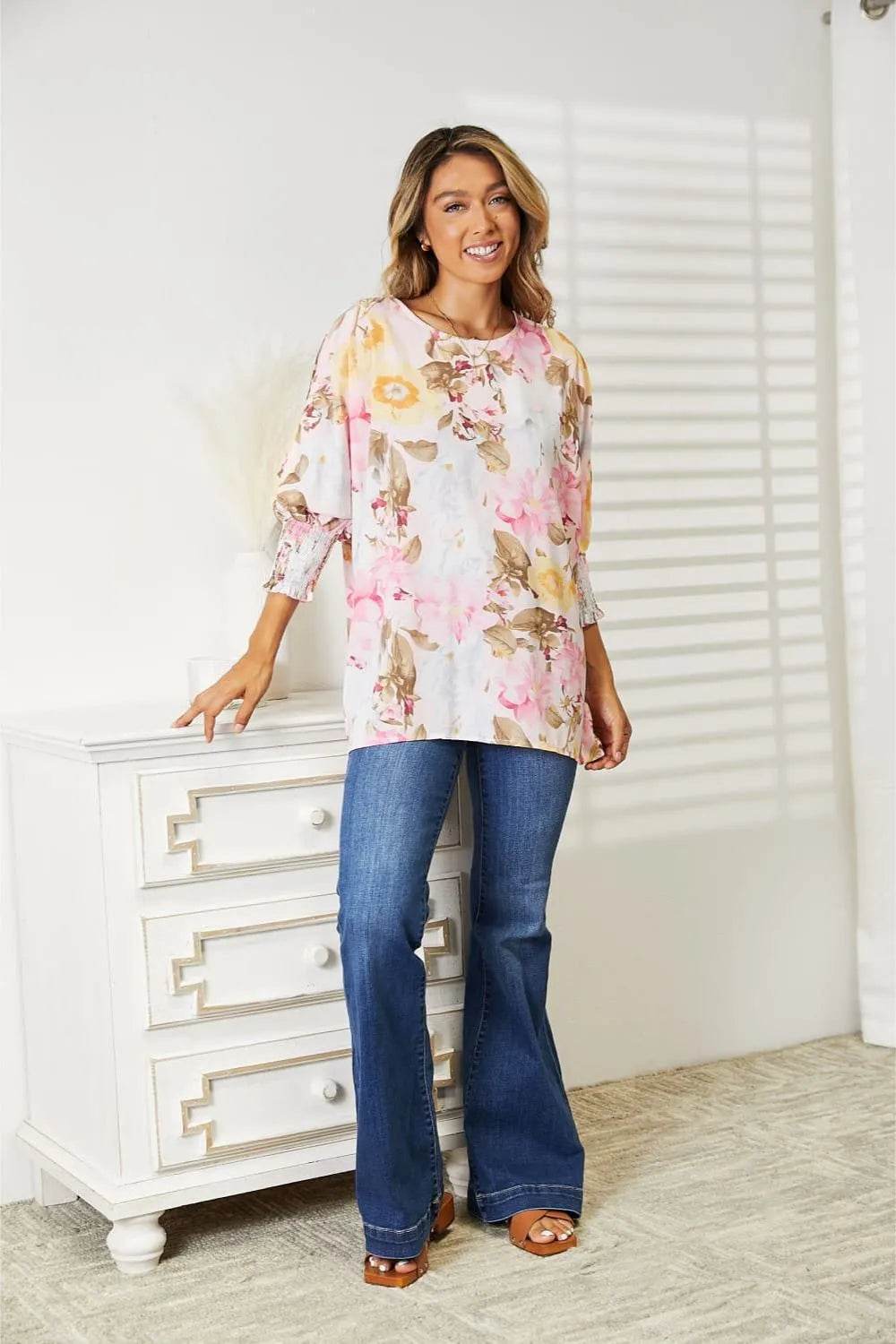 Double Take Floral Round Neck Three-Quarter Sleeve Top - Store 42