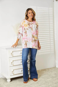 Double Take Floral Round Neck Three-Quarter Sleeve Top - Store 42