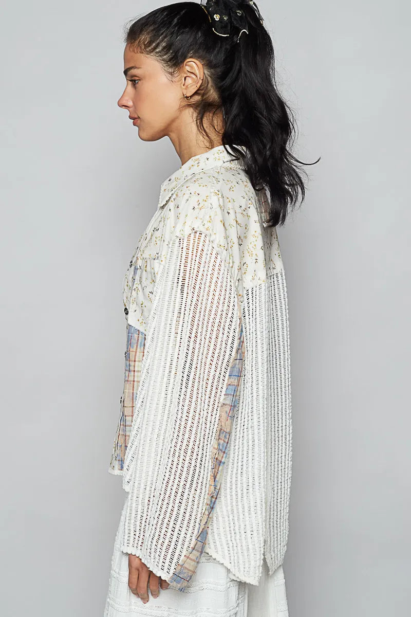 Oversized POL Floral Plaid Patchwork Button-Down Shirt with Slit Back Design