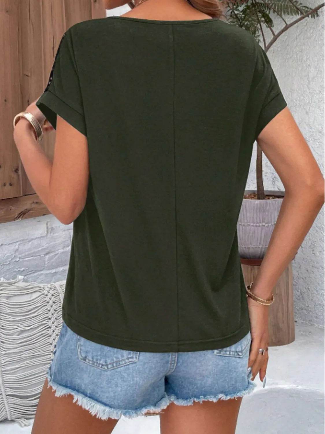 Lace Cutout Round Neck Short Sleeve T-Shirt for Women - 60% Polyester Casual Top - Store 42