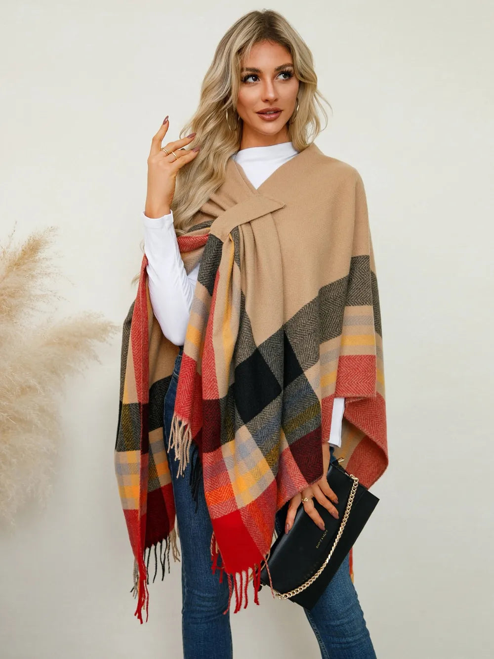 Fringe Contrast Plaid Poncho - 95% Polyester, Lightweight, Stylish, One Size Fits All