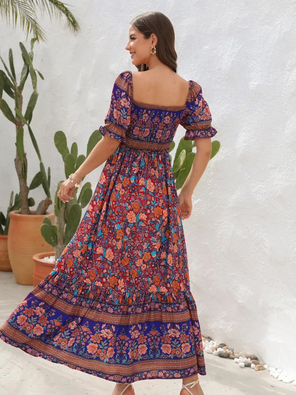 Chic Floral Flounce Sleeve Midi Dress in Opaque Rayon - Perfect for Any Occasion