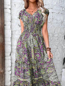 Trendy Plus Size V-Neck Midi Dress with Frill and Smocked Details, 100% Polyester - Store 42