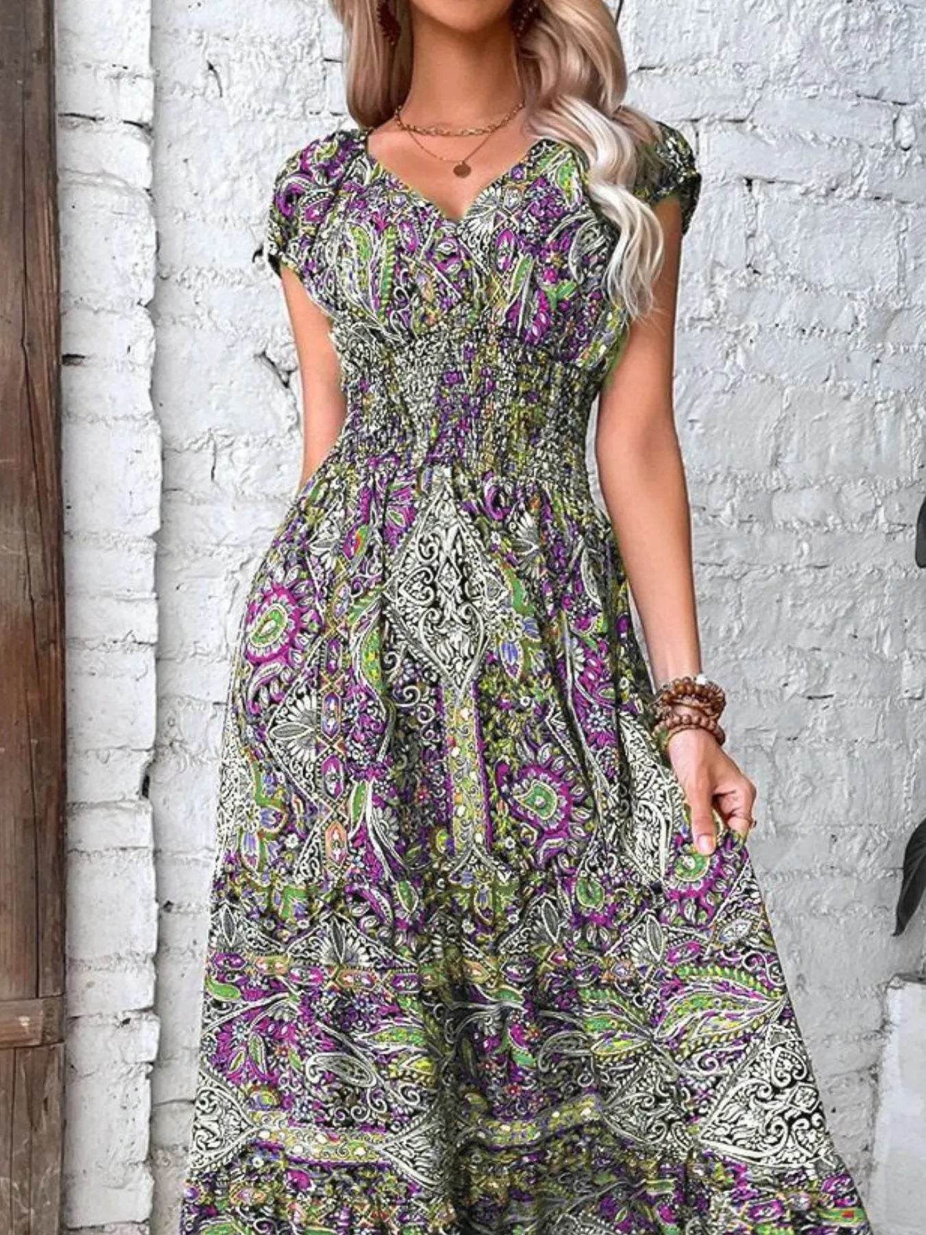 Trendy Plus Size V-Neck Midi Dress with Frill and Smocked Details, 100% Polyester - Store 42