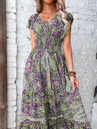 Trendy Plus Size V-Neck Midi Dress with Frill and Smocked Details, 100% Polyester - Store 42