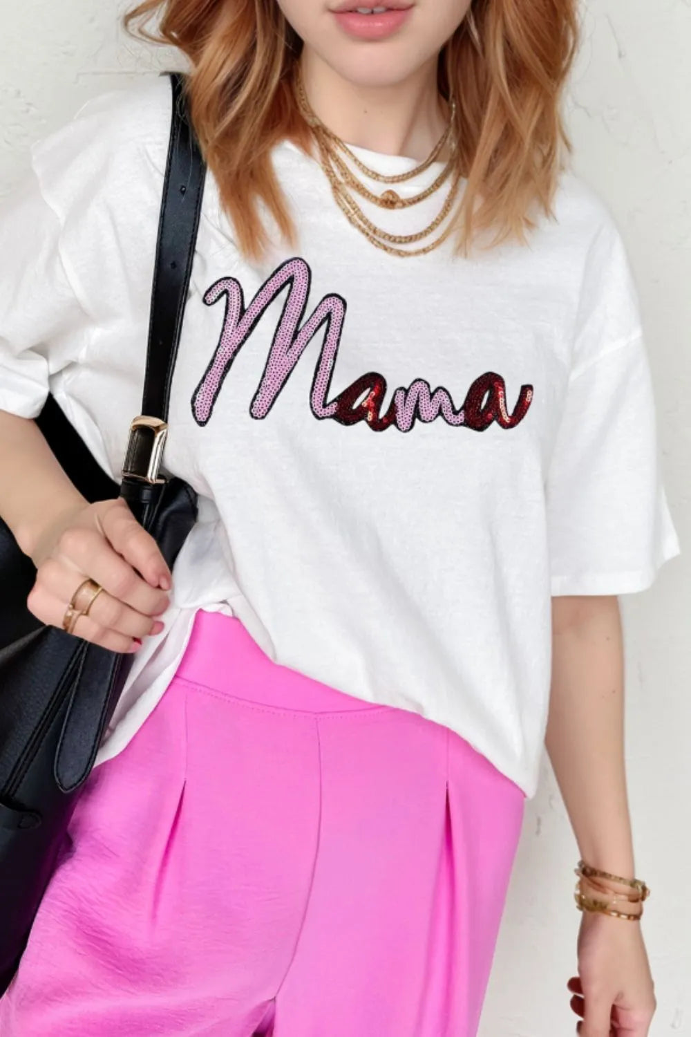 MAMA Sequin Round Neck Short Sleeve T-Shirt
