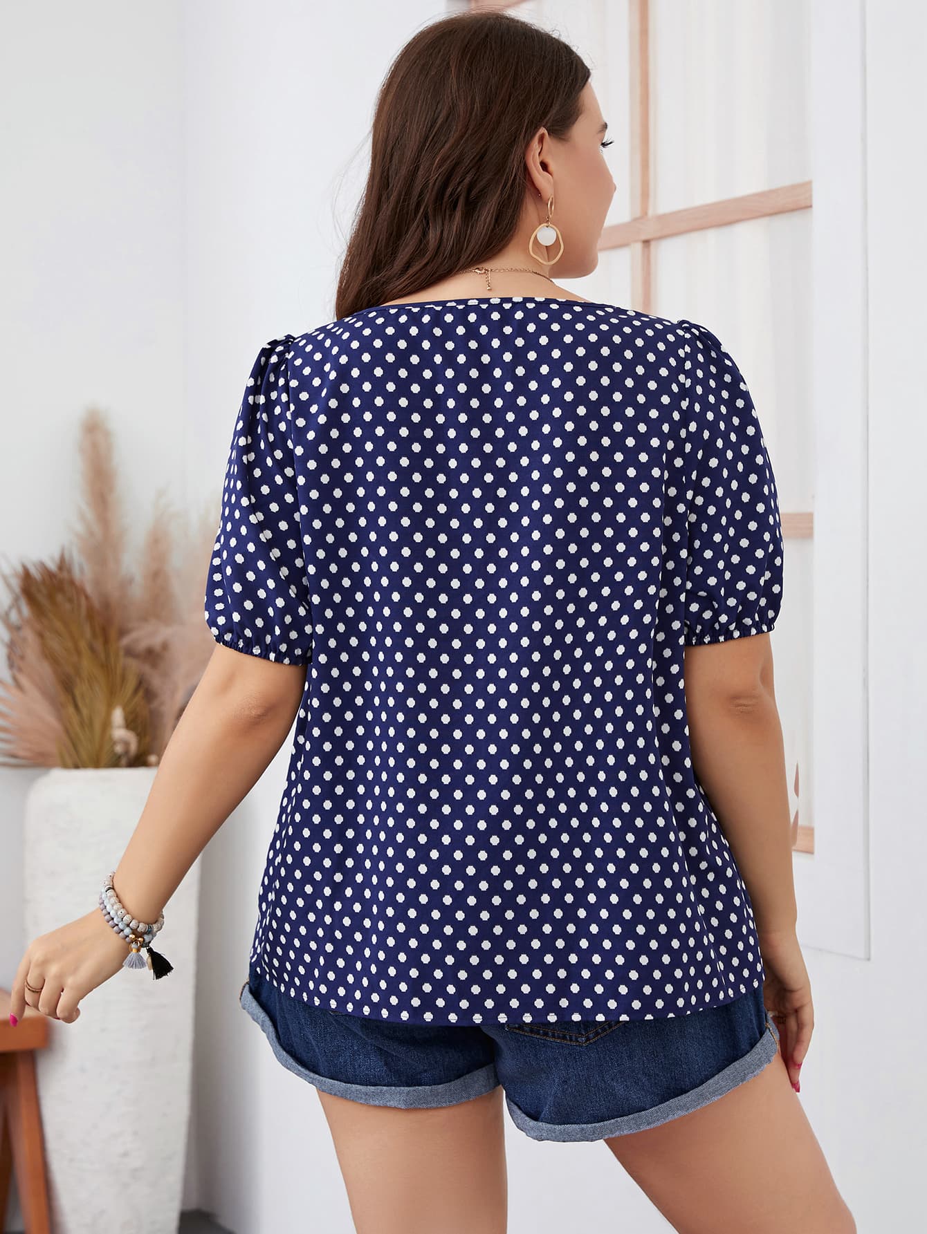 Plus Size Honey Polka Dot Square Neck Blouse With Short Sleeves – Casual Style
