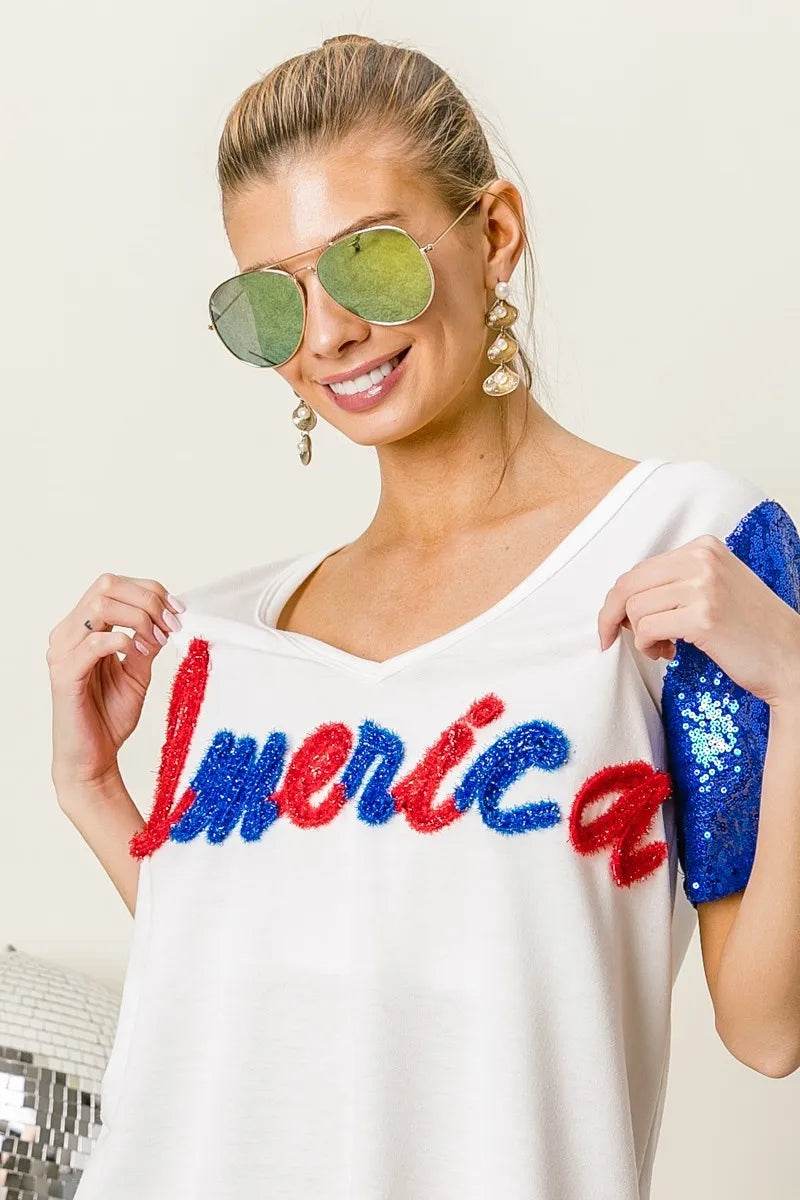 Chic Metallic Letter V-Neck Top with Sequin Sleeves for Glamorous Looks