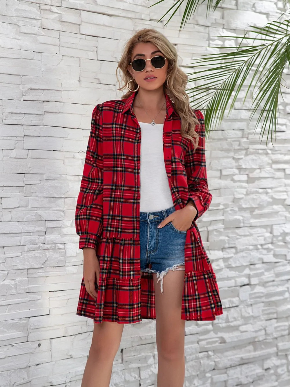 Plaid Button Down Long Sleeve Dress with Ruffle Hem - 100% Polyester, Opaque, Machine Washable