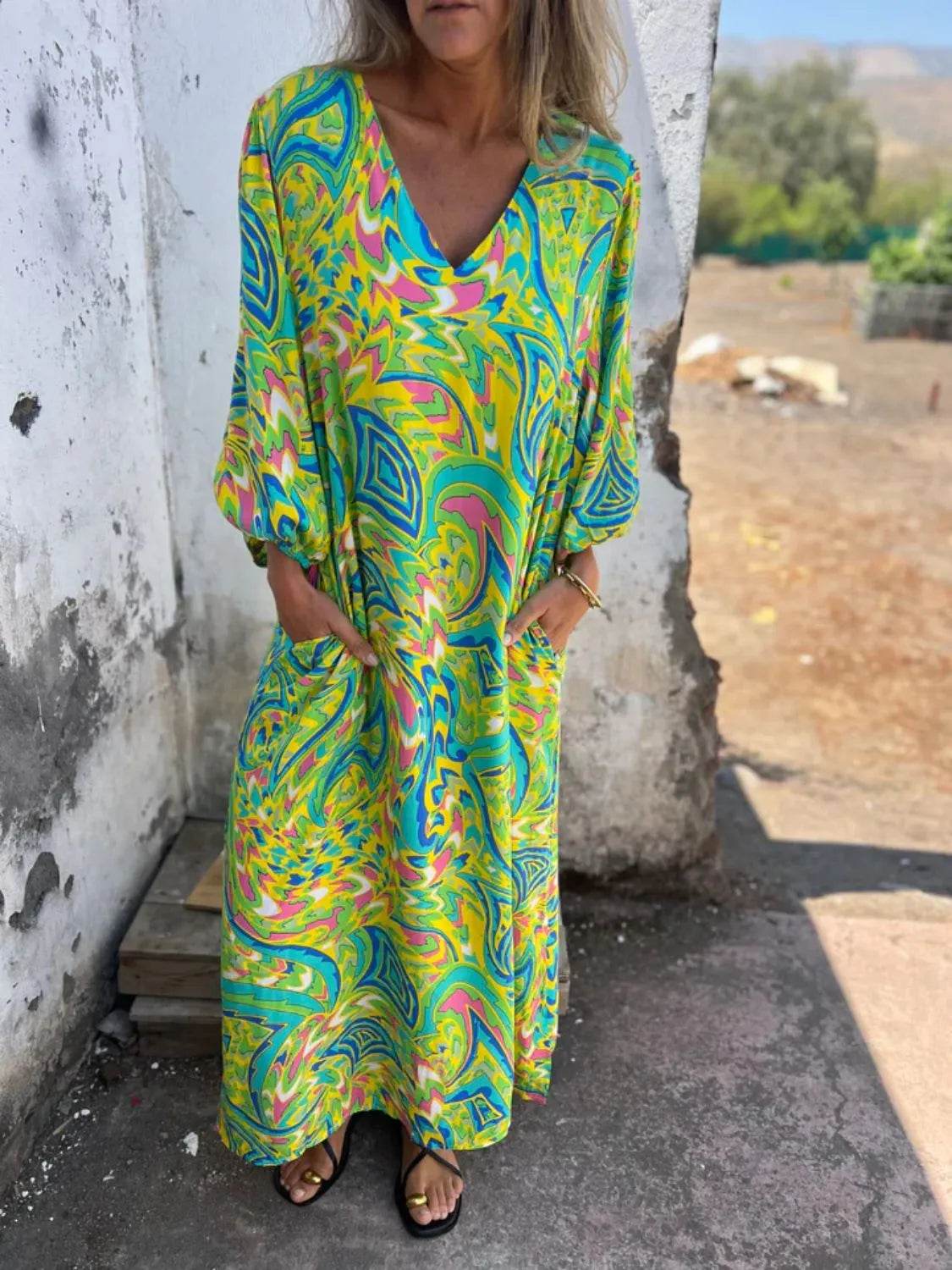 Full Size Printed V-Neck Dress with Pockets Plus Size - Store 42