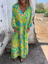 Full Size Printed V-Neck Dress with Pockets Plus Size - Store 42