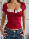Lace Detail Short Sleeve T-Shirt with Buttoned Closure - Stretchy Polyester Blend Top - Store 42