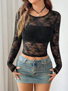 Round Neck Long Sleeve Lace Sheer Top Black