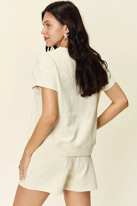 Double Take Full Size Texture Short Sleeve T-Shirt and Drawstring Shorts Set