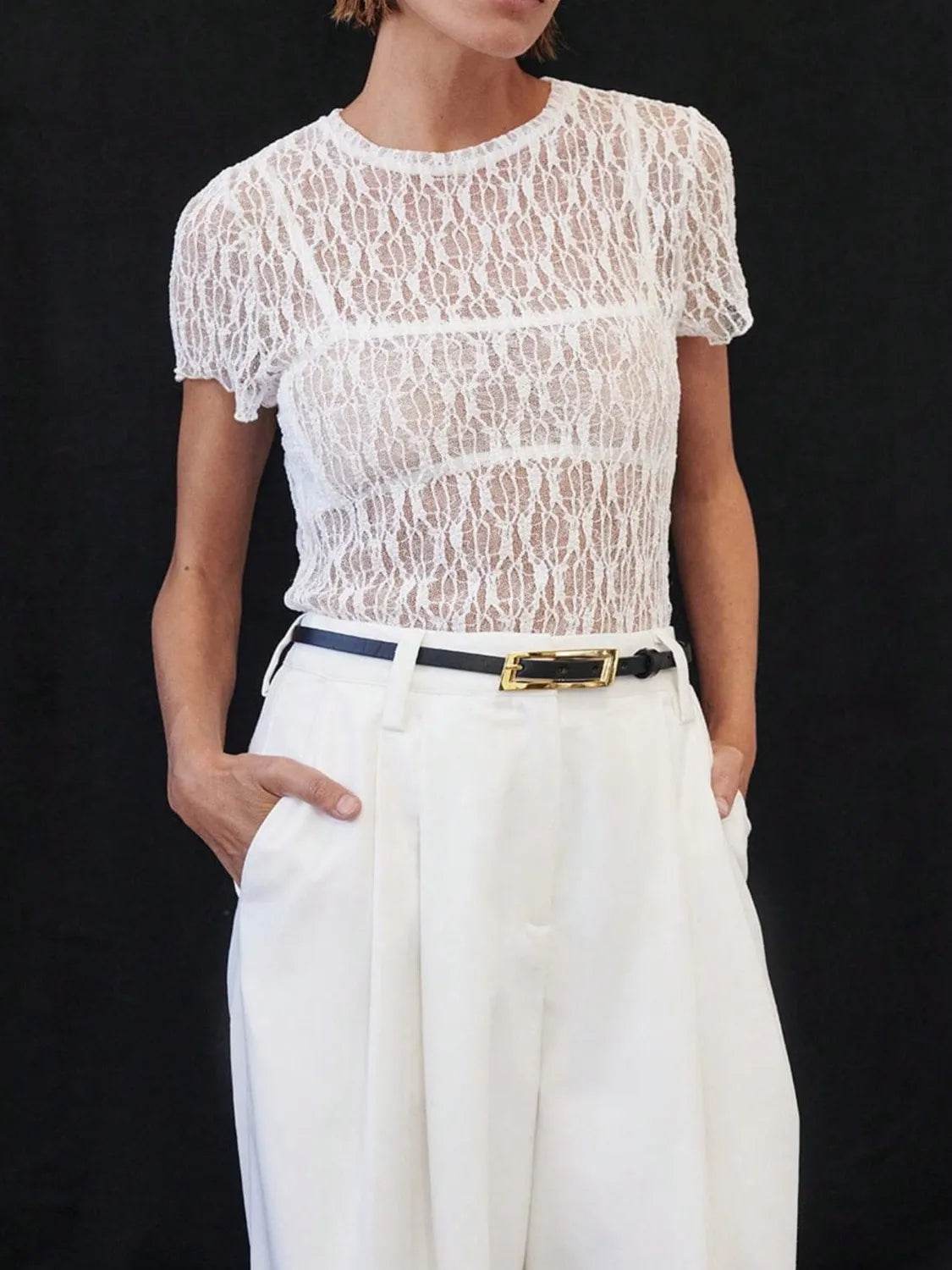 Sheer Lace Short Sleeve Top with Round Neck - Slightly Stretchy & Stylish - Store 42