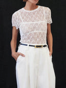 Sheer Lace Short Sleeve Top with Round Neck - Slightly Stretchy & Stylish - Store 42