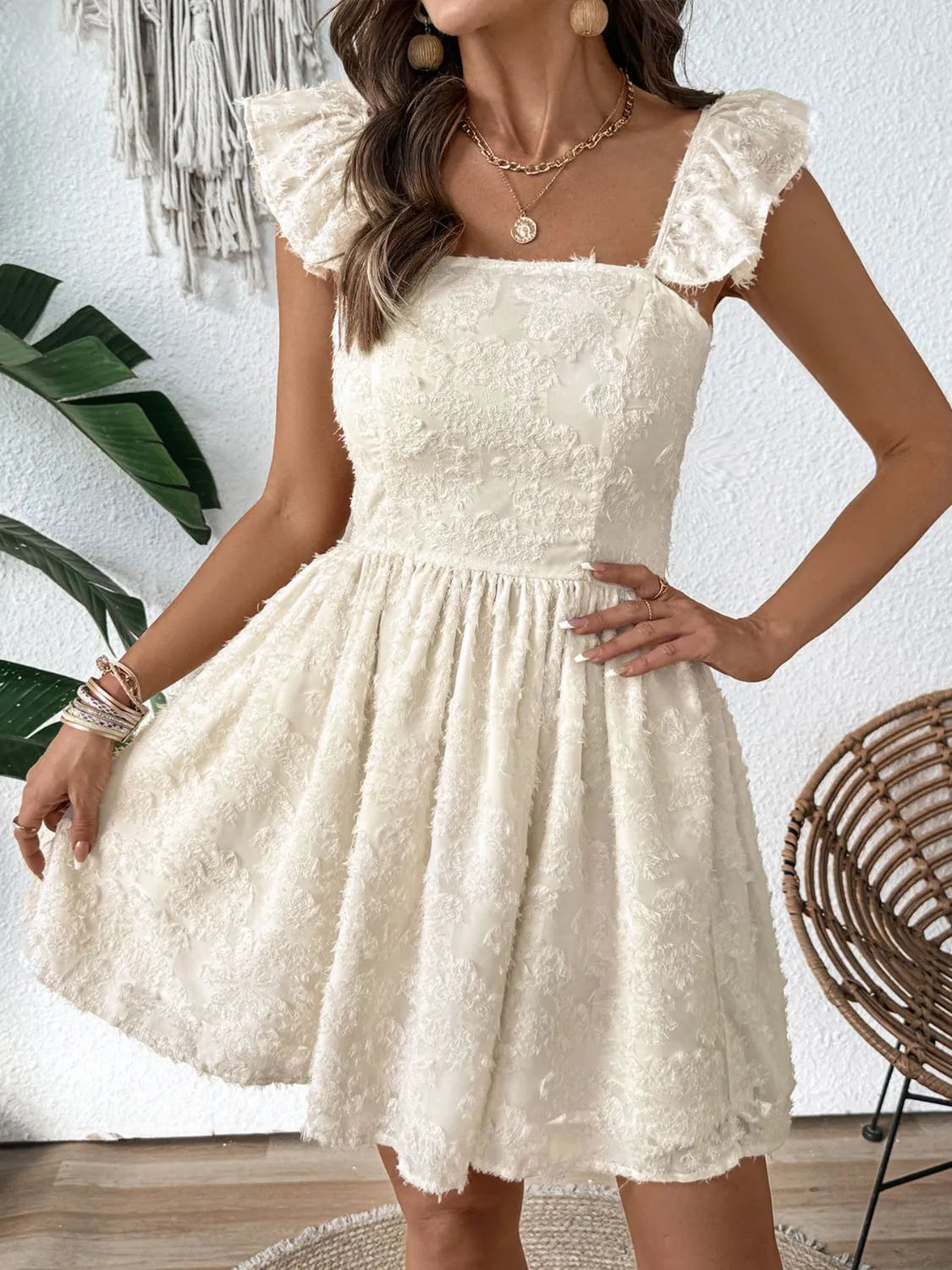 Backless Smocked Mini Cami Dress with Cap Sleeves - 100% Polyester, Lined, Machine Washable