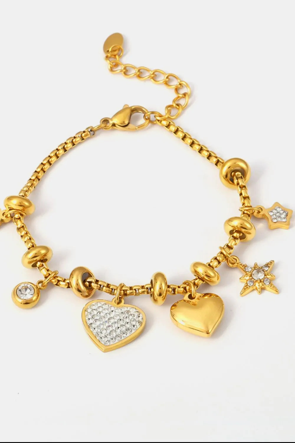 18K Gold-Plated Titanium Steel Heart Charm Bracelet with Zircon - 5.9" Adjustable Chain