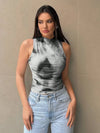 Printed Mock Neck Ruched Tank Gray