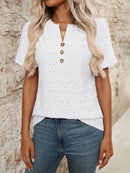 Stylish Eyelet Notched Top with Decorative Buttons - Short Sleeve & Slightly Stretchy, Opaque Fabric - Store 42