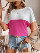 Stylish Color Block Ribbed Knit T-Shirt for Casual Outfits - Slightly Stretchy Fabric - Store 42