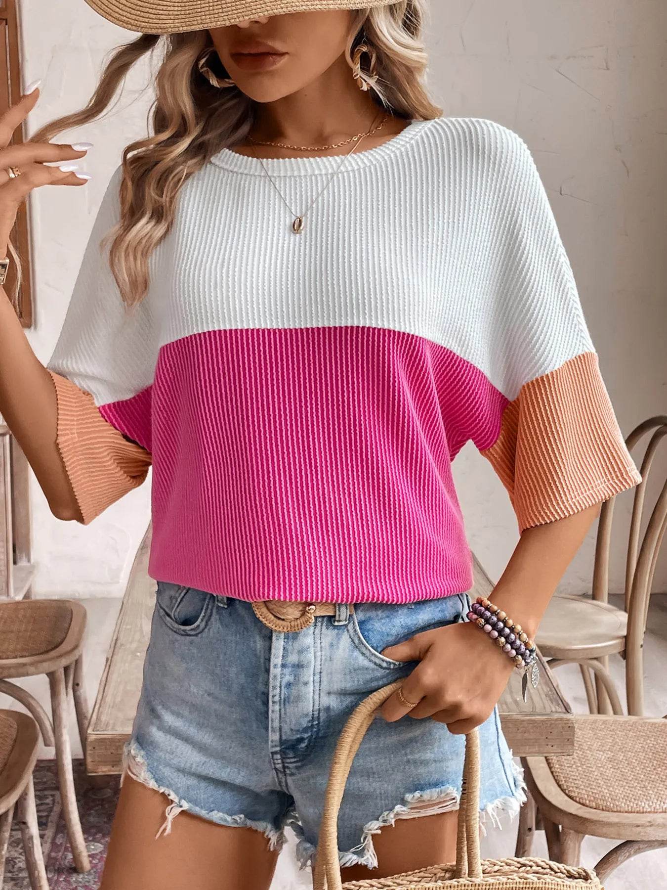 Stylish Color Block Ribbed Knit T-Shirt for Casual Outfits - Slightly Stretchy Fabric - Store 42