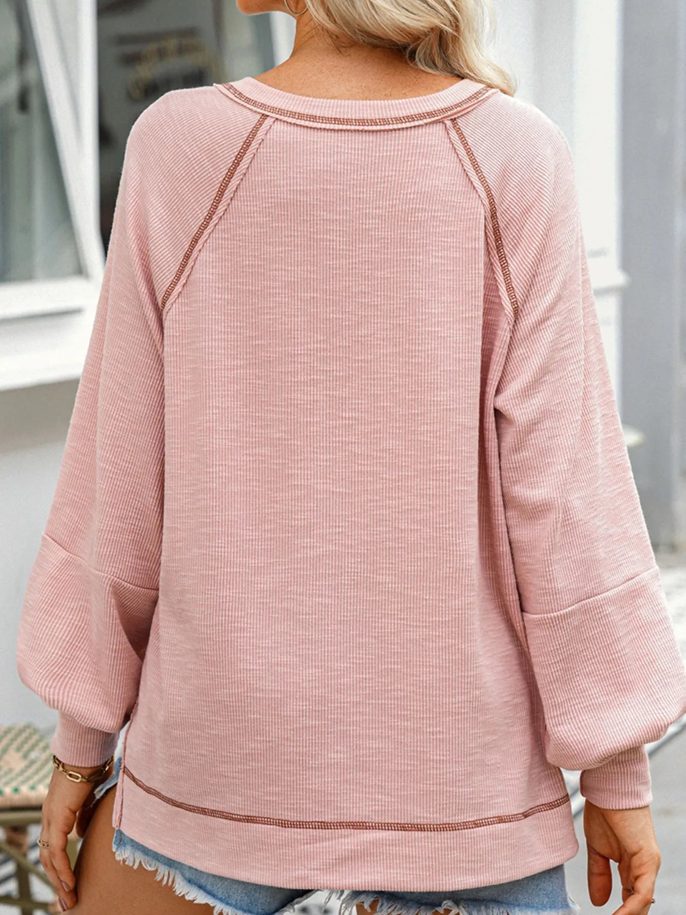 Exposed Seam Ribbed Knit V Neck Top