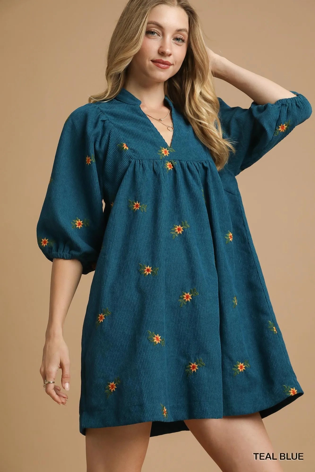 Umgee Corduroy Babydoll Dress with Floral Embroidery