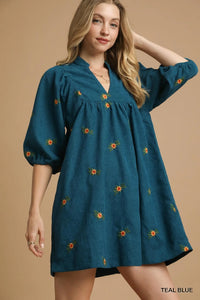 Umgee Corduroy Babydoll Dress with Floral Embroidery TEAL BLUE