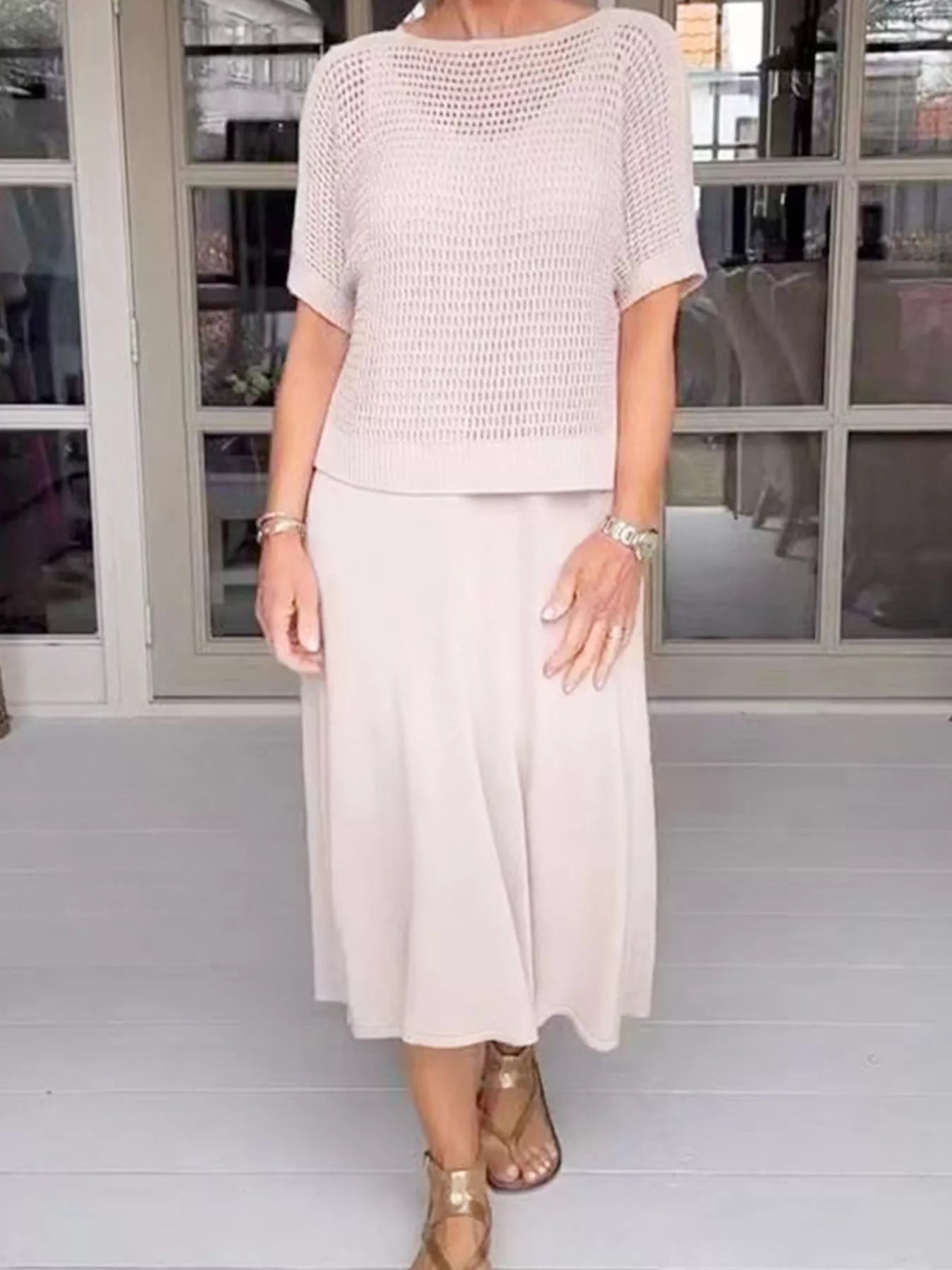 Full Size Openwork Knit Cover Up and Dress Set Plus Size