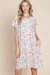 BOMBOM Printed Round Neck Short Sleeve Tee Dress Red
