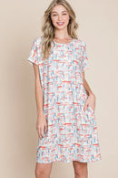 BOMBOM Printed Round Neck Short Sleeve Tee Dress Red