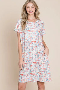 BOMBOM Printed Round Neck Short Sleeve Tee Dress Red