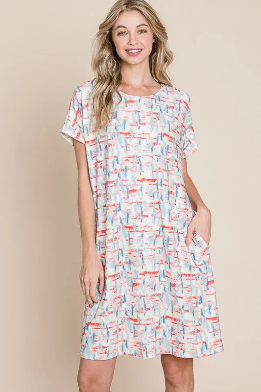 BOMBOM Printed Round Neck Short Sleeve Tee Dress Red