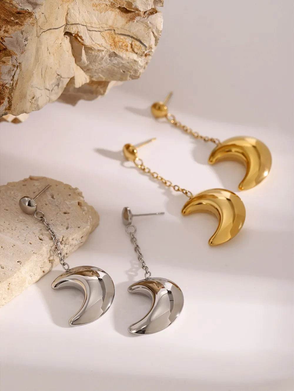 Elegant 18K Gold-Plated Stainless Steel Moon Dangle Earrings - Perfect for Any Occasion