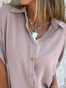 Full Size Casual Button Down Short Sleeve Loose Shirt Plus Size - Store 42