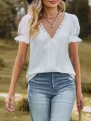 Lace Trim V-Neck Puff Sleeve Blouse
