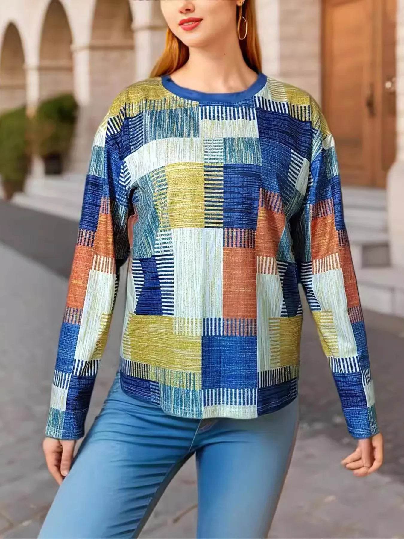 Trendy Color Block Long Sleeve T-Shirt for Women - 100% Polyester, Slightly Stretchy Fabric - Store 42