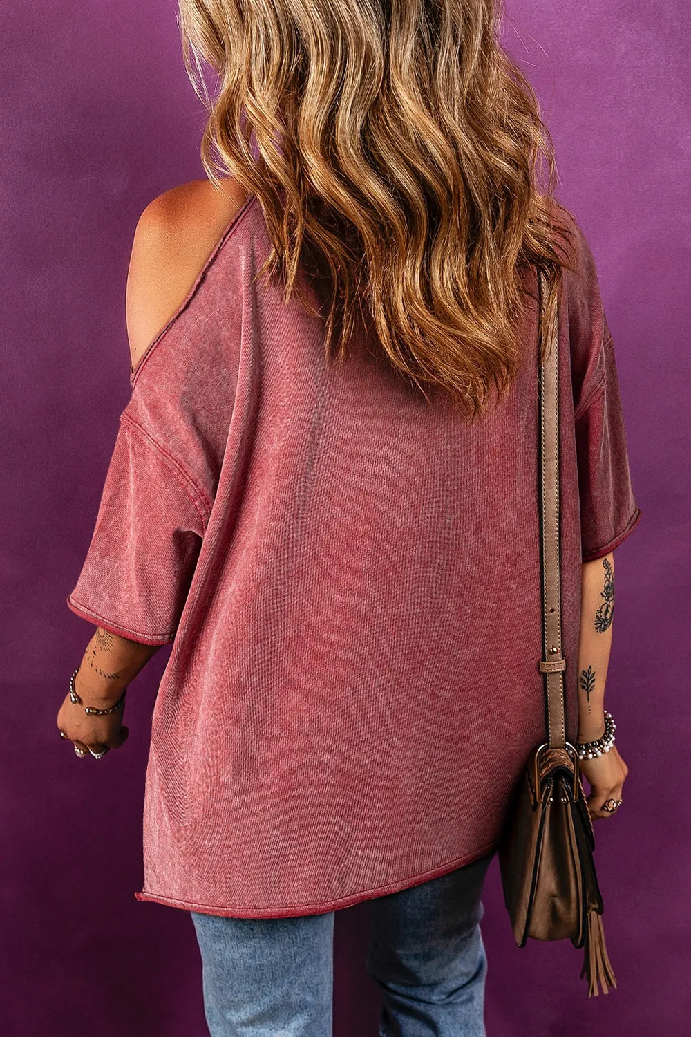Distressed One Shoulder Half Sleeve Oversized Cotton Tunic T-Shirt - Trendy & Stretchy