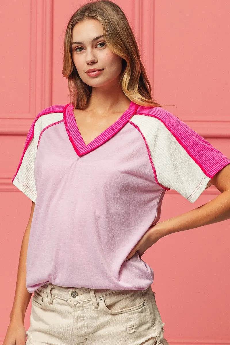 BiBi V-Neck Jersey Knit Top With Cord Rib Detailing - Comfortable & Stylish Combo