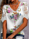 Full Size Printed Lace Sleeve V-Neck T-Shirt Plus Size - Store 42