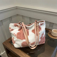 Large Cow Print Furry Tote Bag - Stylish Faux Fur, PU Leather, and Polyester Material - Store 42