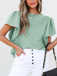 Stylish Round Neck Ruffle Sleeve Top - Slightly Stretchy, 65% Viscose & 35% Polyester, Machine Washable - Store 42