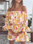 Full Size Floral Off-Shoulder Flounce Sleeve Mini Dress Plus Size - Store 42