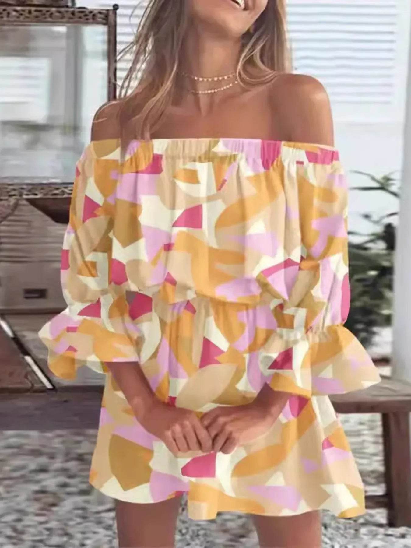 Full Size Floral Off-Shoulder Flounce Sleeve Mini Dress Plus Size - Store 42